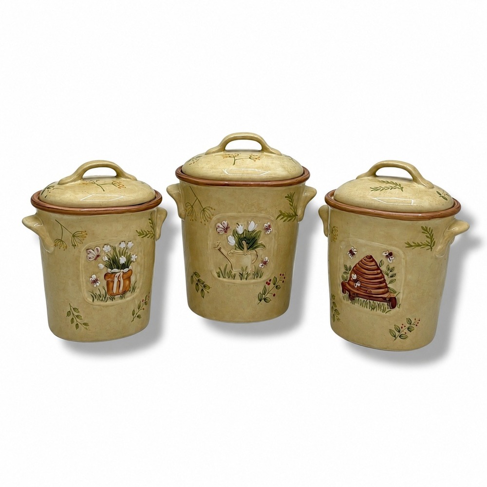 Vintage‎ Cheri Bloom 222 Fifth 3 Piece Canister Set Yellow Ceramic Farmhouse